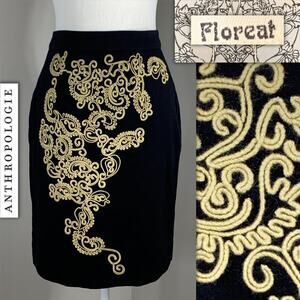 Anthropologie Scroll Jute Embroidered Black Pencil Skirt Career Church Preppy